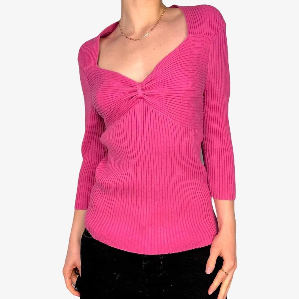 Pink ribbed v neck sweater knit top y2k bow detail size large from Link